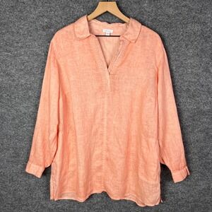 J.Jill Love Linen Tunic Top Womens XL Coral Pink Collared Long Sleeve Blouse‎